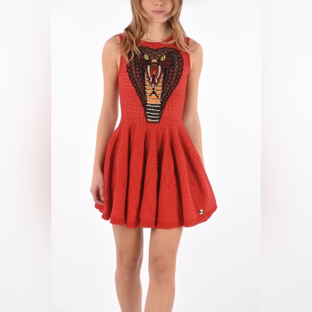 PHILIPP PLEIN Couture Red Lurex Cobra Embellished A-Line Mini Dress ITALY XS